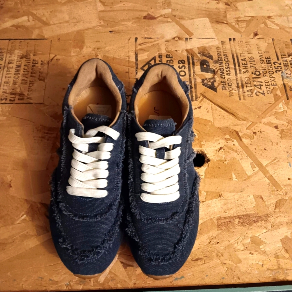J/Slides Denim Distressed Sneakers.  True dark denim blue. Size 6B USA. EUC.